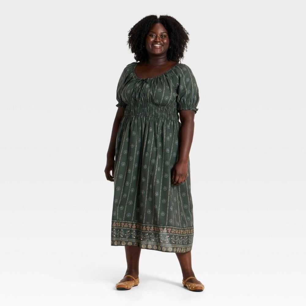 Women's Balloon Short Sleeve Printed Maxi Sundress - Green Floral XXL